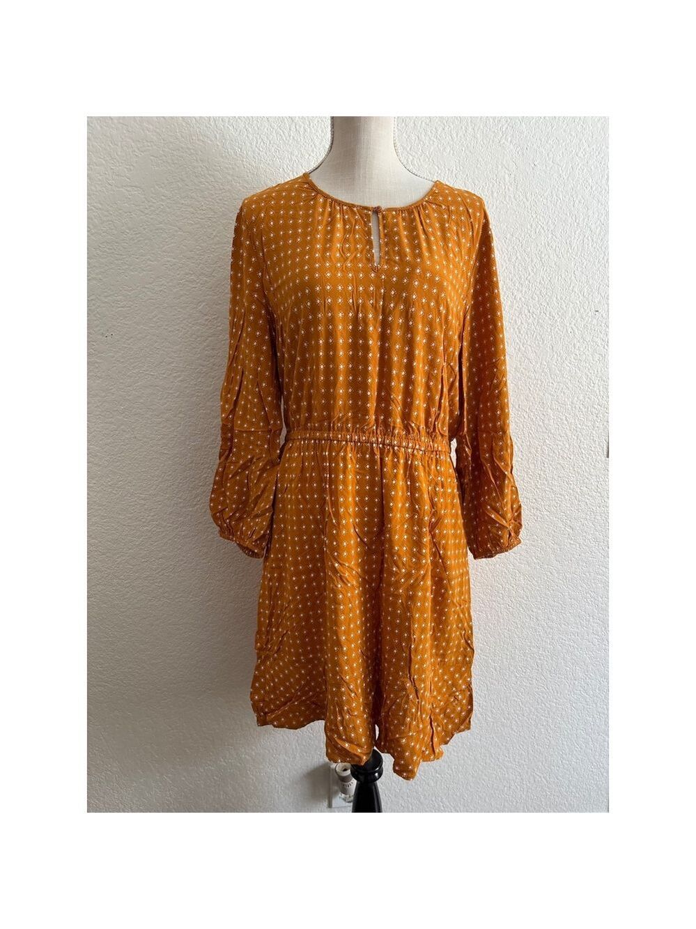 Old Navy Dress Women Large Mustard Yellow Diamond Print Long Sleeve Keyhole Mini